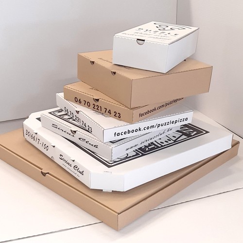 Nyomott barna és fehér pizzás dobozok többféle méretben